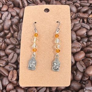 Handmade Buddha Charm Dangle Earrings in Amber Swarovski Crystal